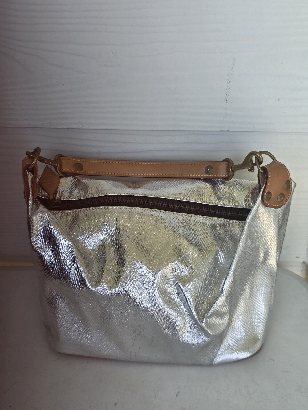 MZ Wallace Metallic Silver Shoulder Bag Leather Trim Zip Hobo Handbag 6x12